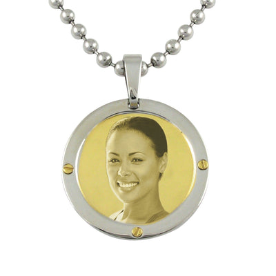 Contemporary Round Photo Engraved Stainless Steel Pendant